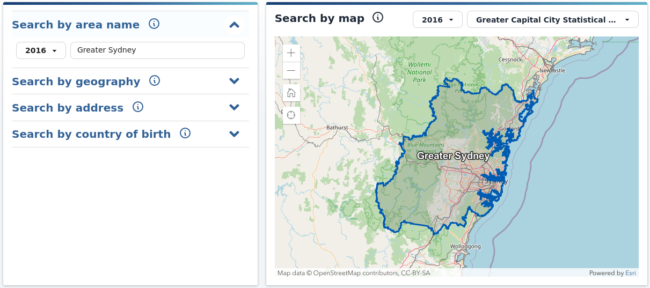2016 Census quick search used as a property research tool to explore Greater Sydney area.
