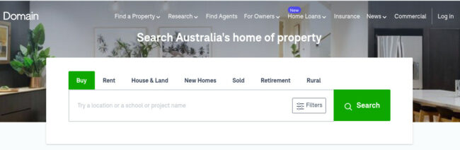 Domain.com.au home page  with tools for property search