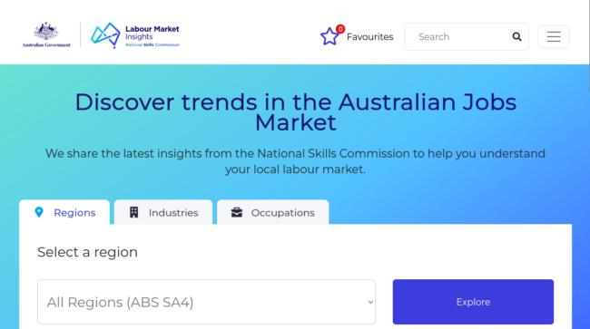 Labour Market Insights is a free research tool from Australian Government to learn more about jobs and employment in the area.