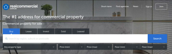RealCommercial.com.au home page  with tools for commercial property search