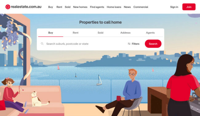 RealEstate.com.au front page with tools for property search