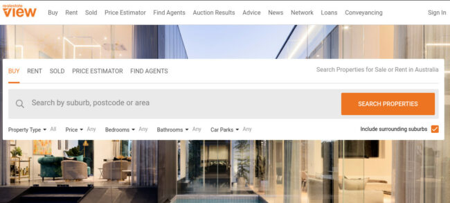 RealEstateView.com.au home page  with tools for property search